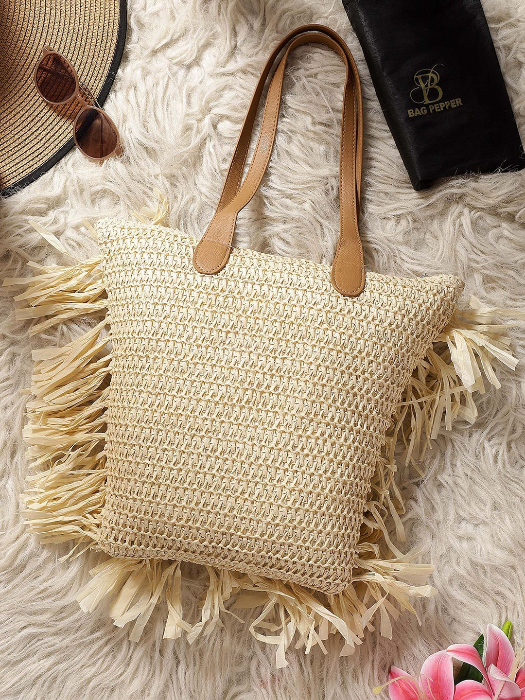 

Bag Pepper PU Bucket Sling Bag with Fringed, Cream