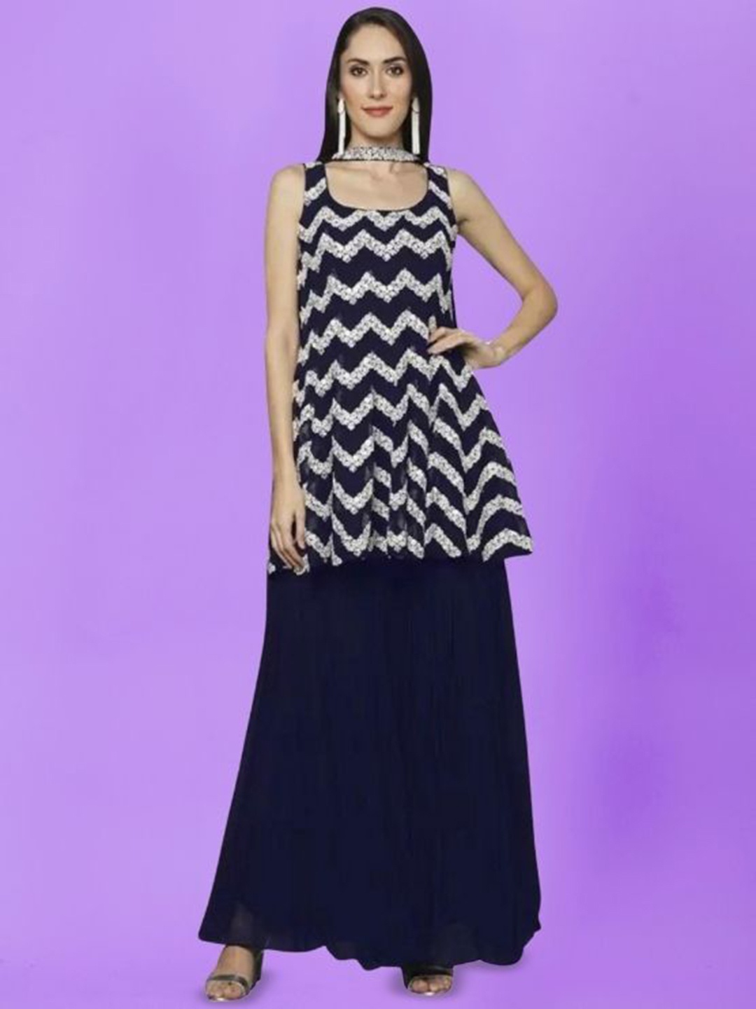 

PARROT CREATION Embroidered Straight Sequinned Kurti With Sharara And Dupatta, Navy blue
