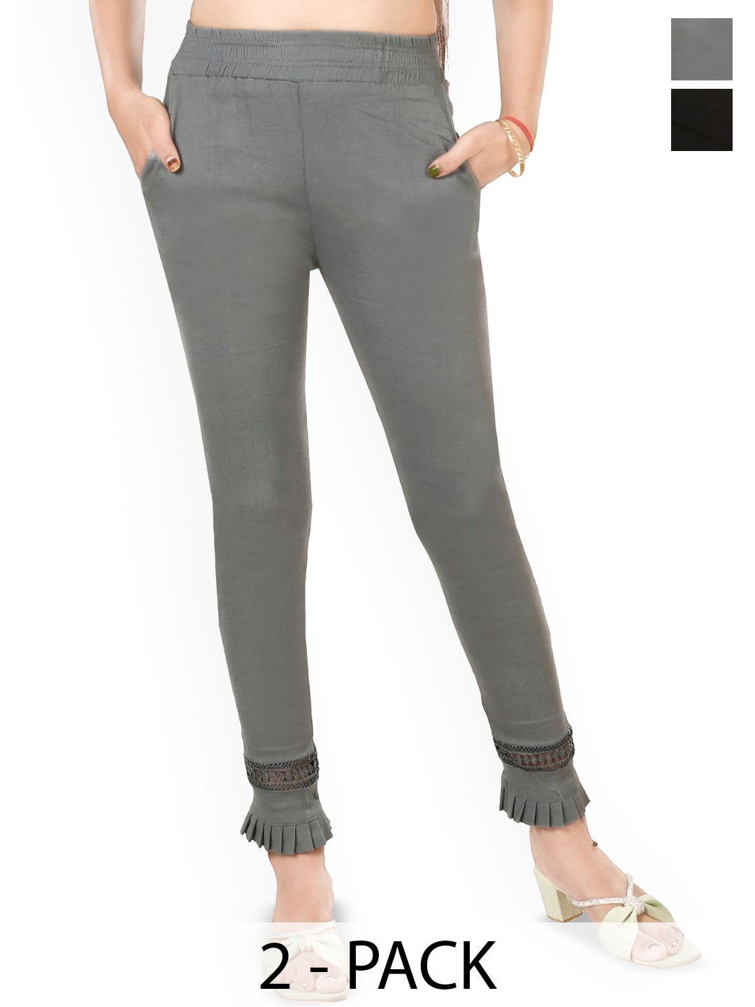

Fessist Women Pack Of 2 Relaxed Slim Fit Easy Wash Pleated Cigarette Trousers, Multi