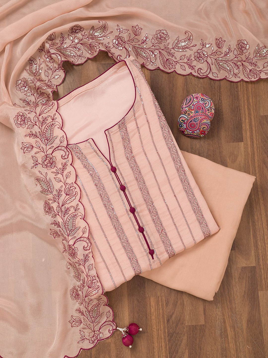 

Koskii Striped Embroidered Sequinned Unstitched Dress Material, Peach