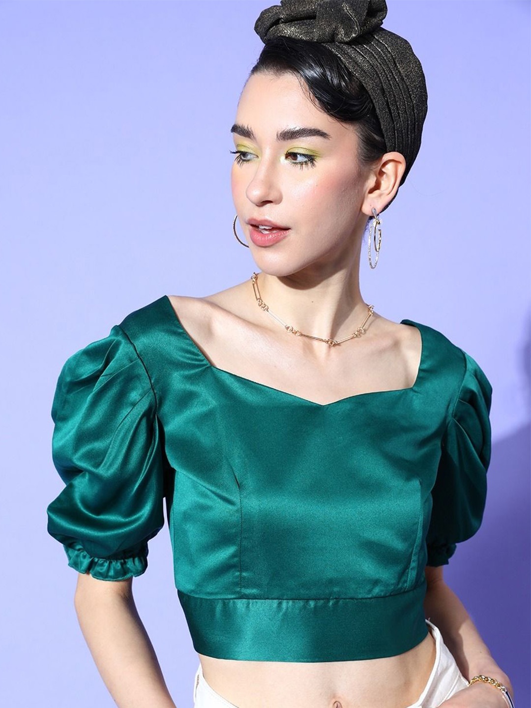 

Moda Rapido Sweetheart Neck Puff Sleeve Satin Blouson Top, Teal