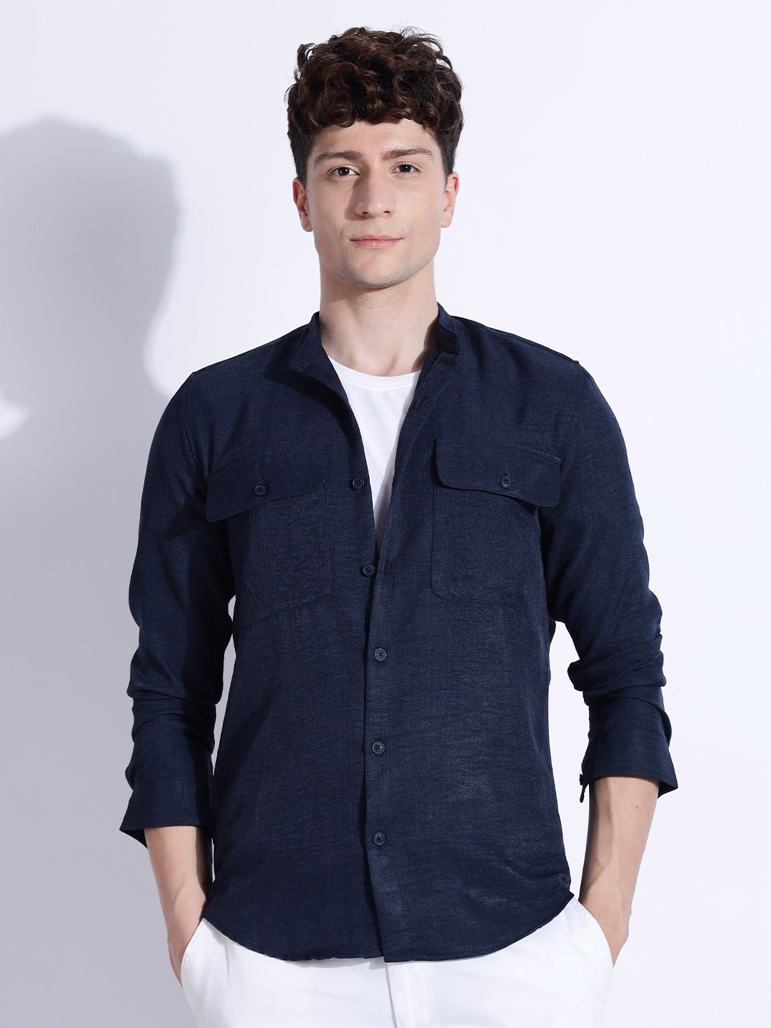 

NEVER NEUD Men Air Linen DP Like Regular Slim Fit Casual Shirt, Navy blue
