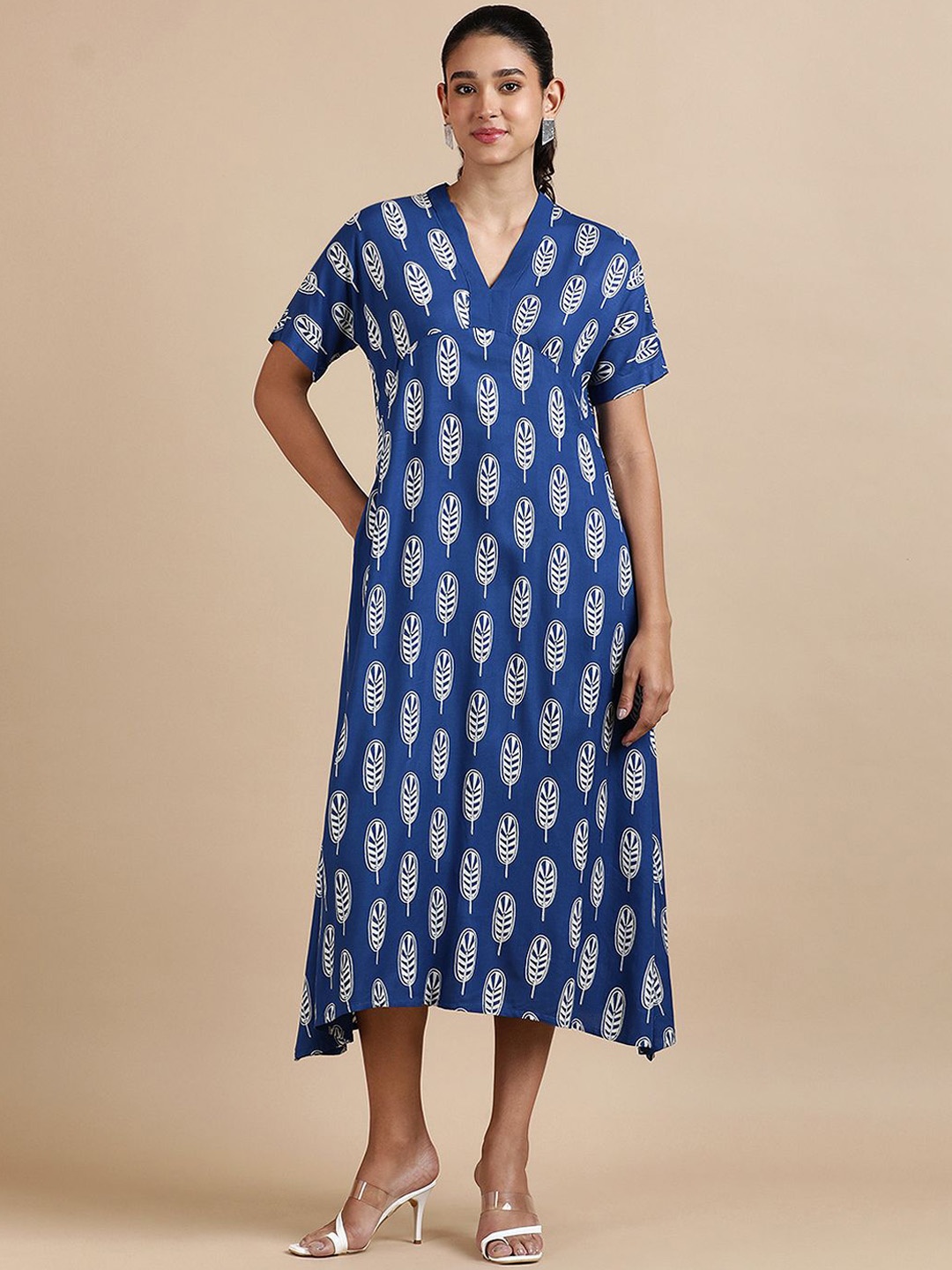 

BLACK & BLAH BLAH Printed A-Line Midi Ethnic Dress, Blue