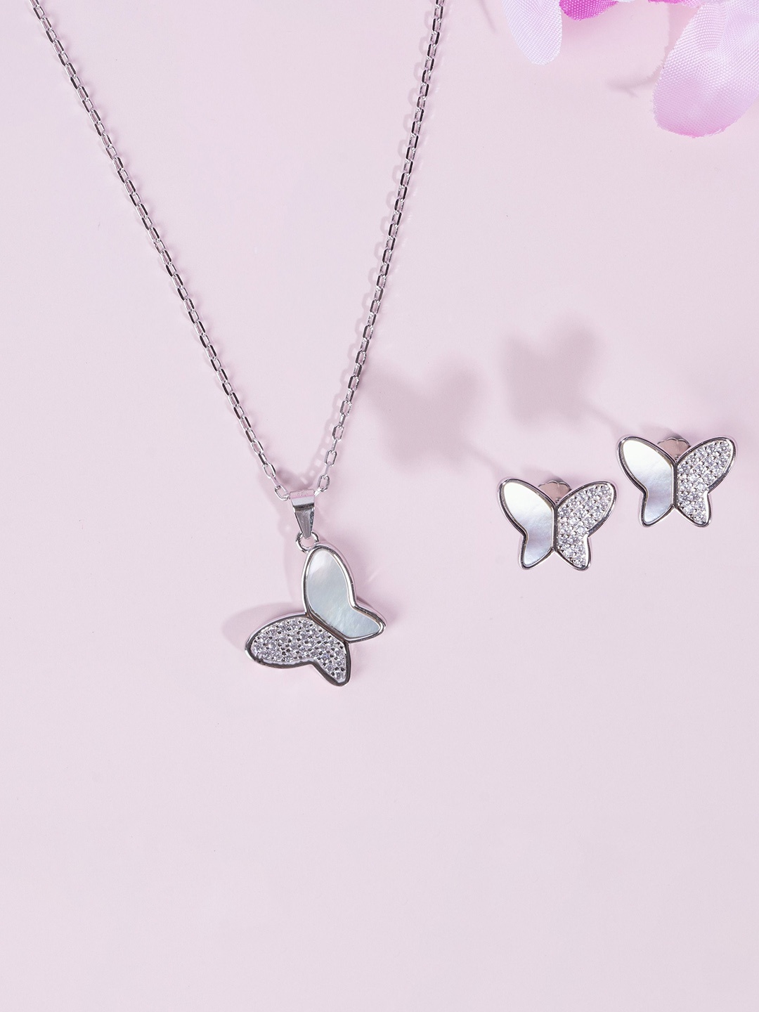 

GLYTERS 925 Sterling Silver Rhodium-Plated Artificial Stone-Studded Jewellery Set