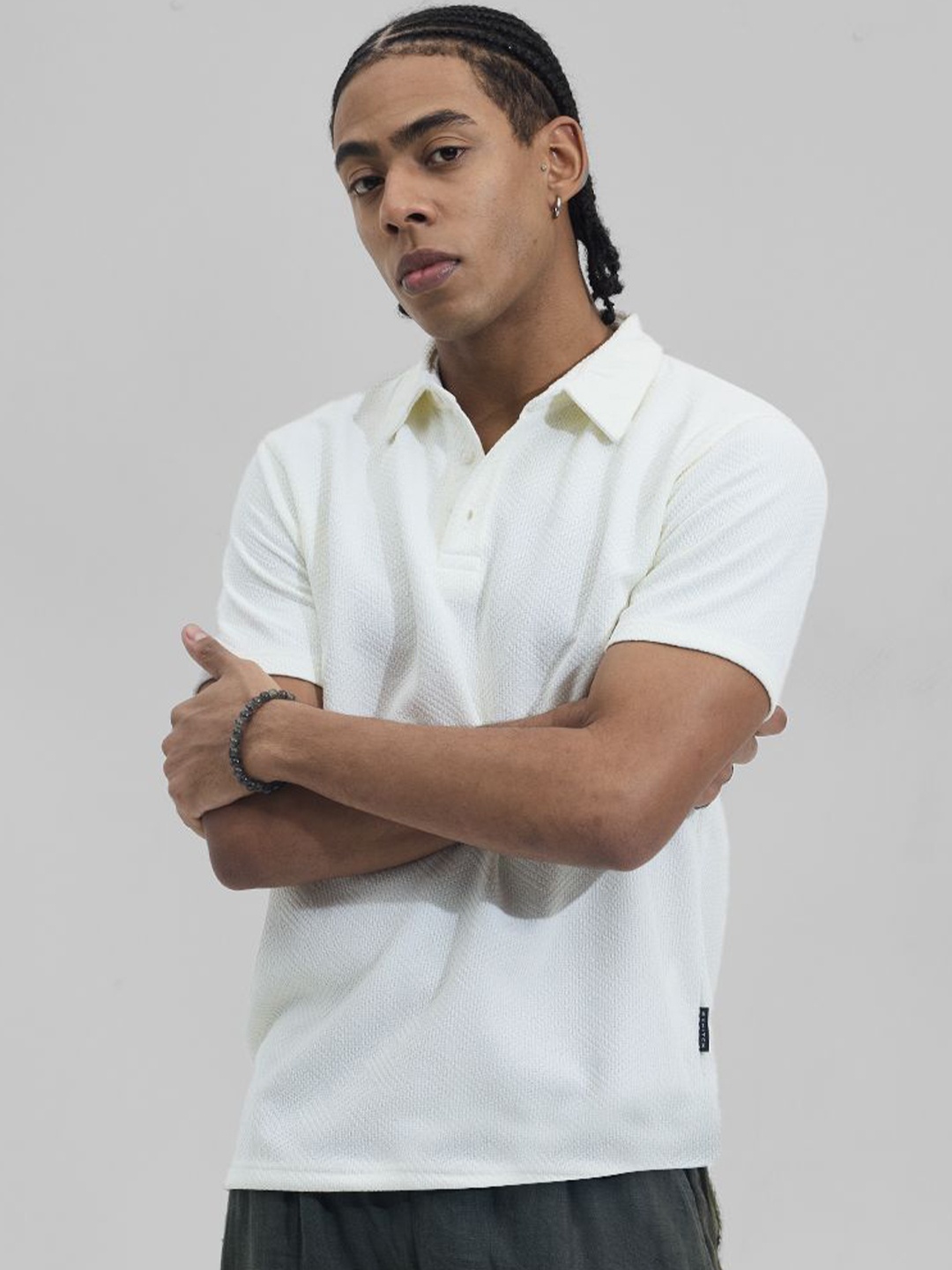 

Snitch Men Self Design Polo Collar T-shirt, Off white
