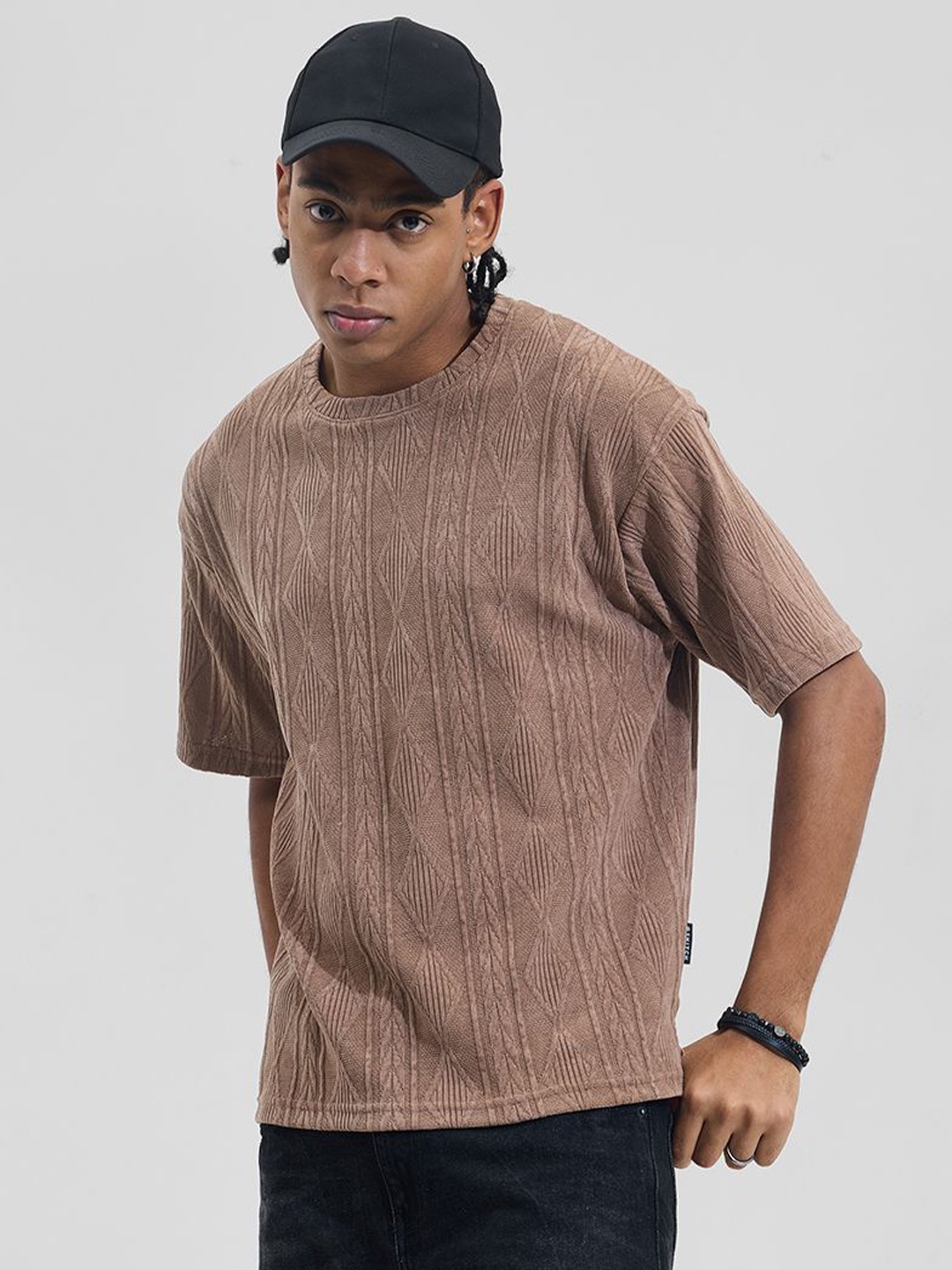 

Snitch Men Self Design Round Neck Oversized T-shirt, Brown