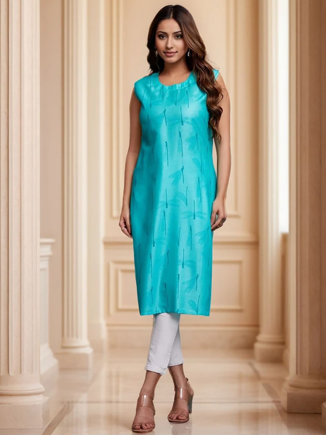 

KALINI Animal Printed Round Neck Straight Kurta, Blue