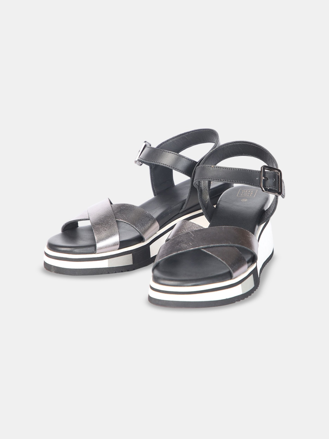 

HEEL YOUR SOLE Colourblocked Leather Wedge Sandals with Buckles, Black