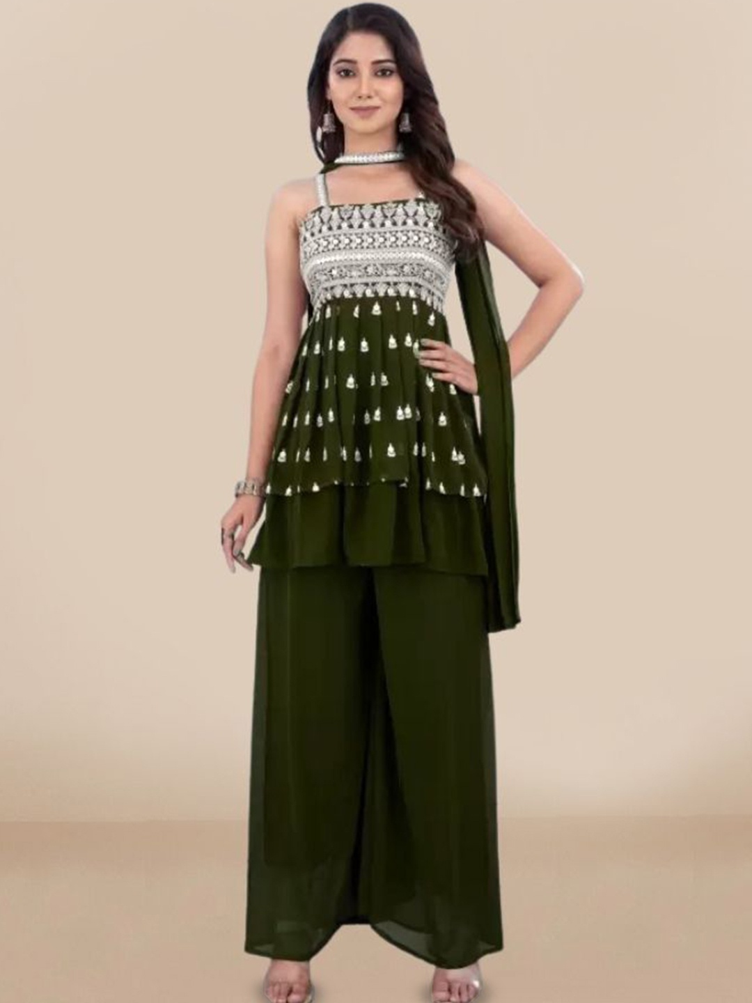 

PARROT CREATION Geometric Embroidered Sequinned A-Line Kurti with Sharara & Dupatta, Green