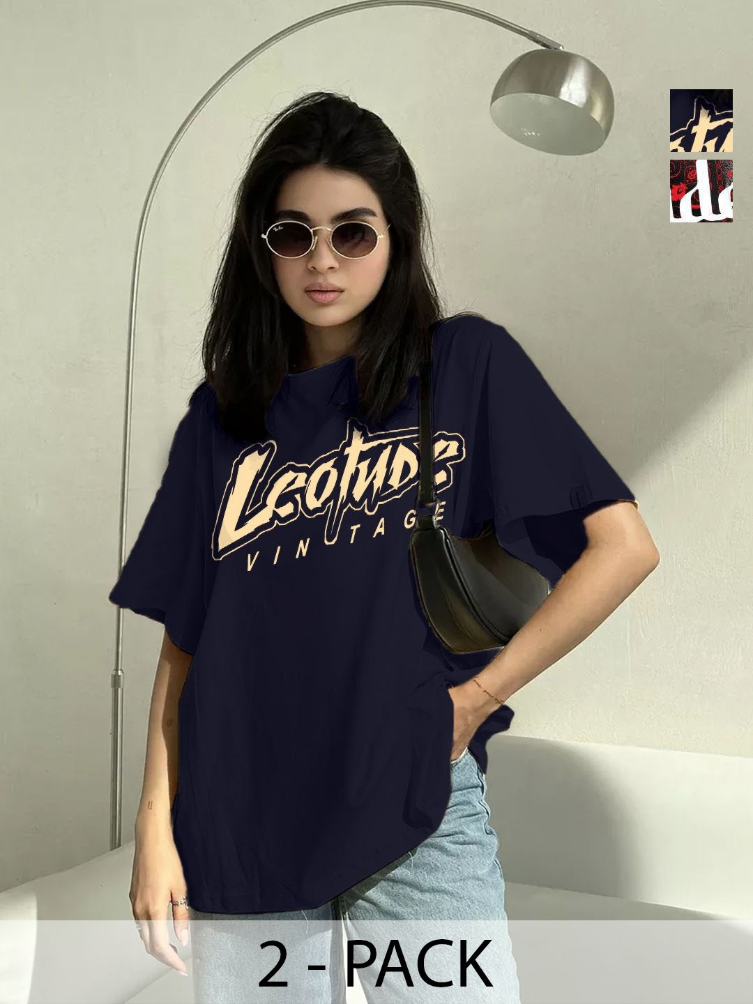 

Leotude Women Pack Of 2 Graphic Printed Round Neck Cotton Oversized T-shirts, Navy blue