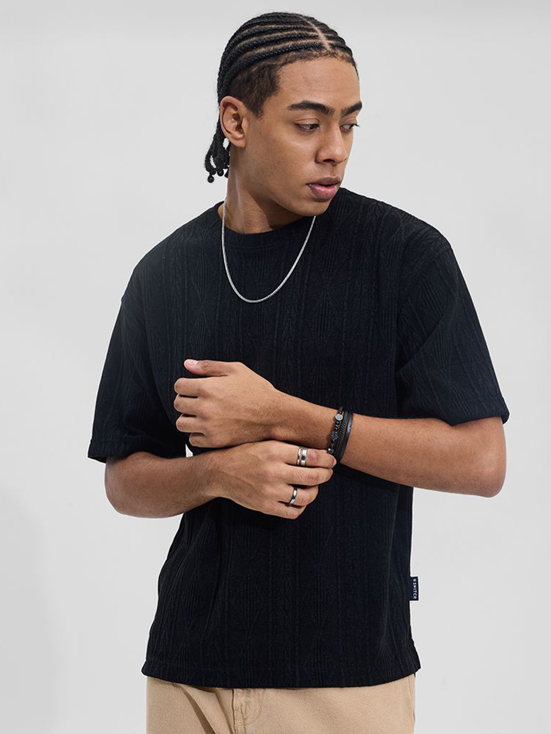 

Snitch Men Self Design Round Neck Oversized T-shirt, Black