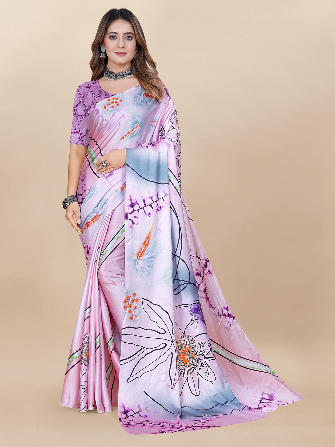 

DIVASTRI Floral Satin Saree, Purple