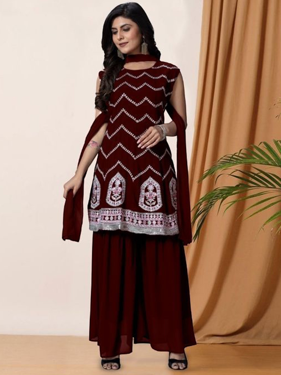 

PARROT CREATION Floral Embroidered Sequinned Georgette Kurti With Palazzos And Dupatta, Maroon