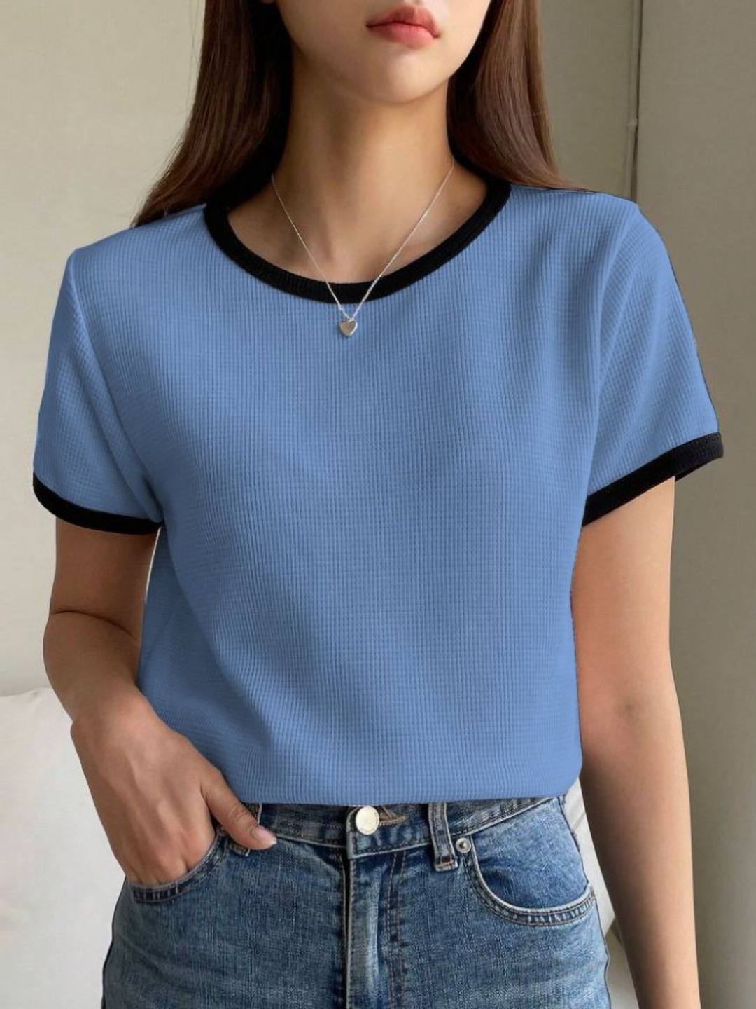 

Ajolli Women Solid Round Neck Cotton Relaxed Fit T-shirt, Blue