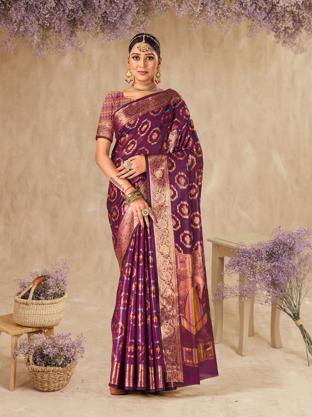 

DIVASTRI Woven Design Zari Organza Kanjeevaram Saree, Purple