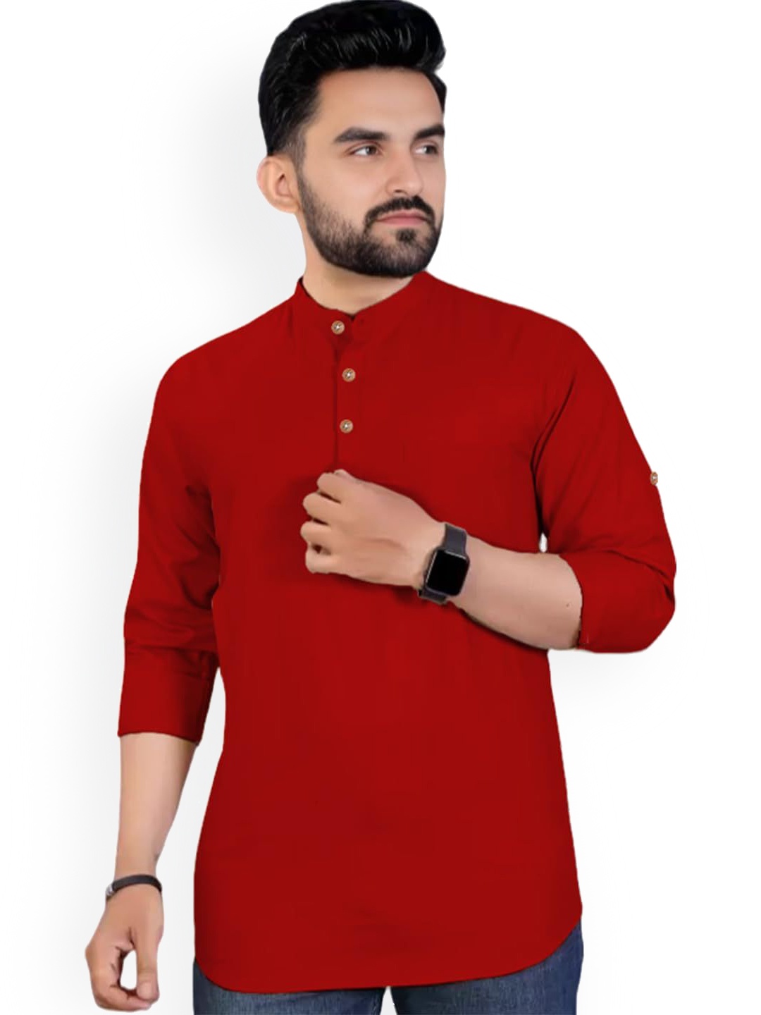 

Vida Loca Band Collar Cotton Slim Fit Straight Short Kurta, Red
