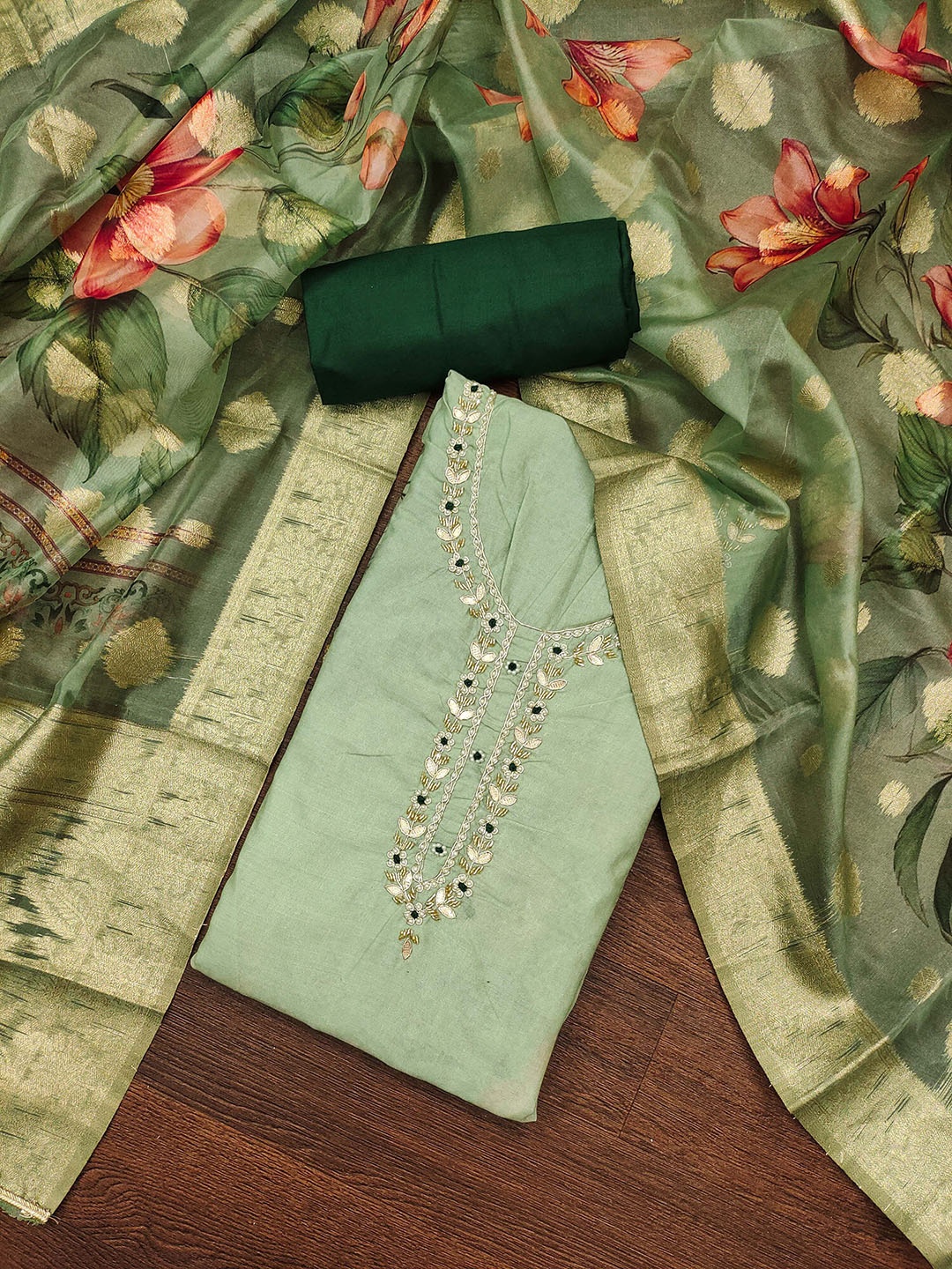 

SAINOOR Floral Embroidered Beaded Pure Cotton Semi-Stitched Dress Material, Green