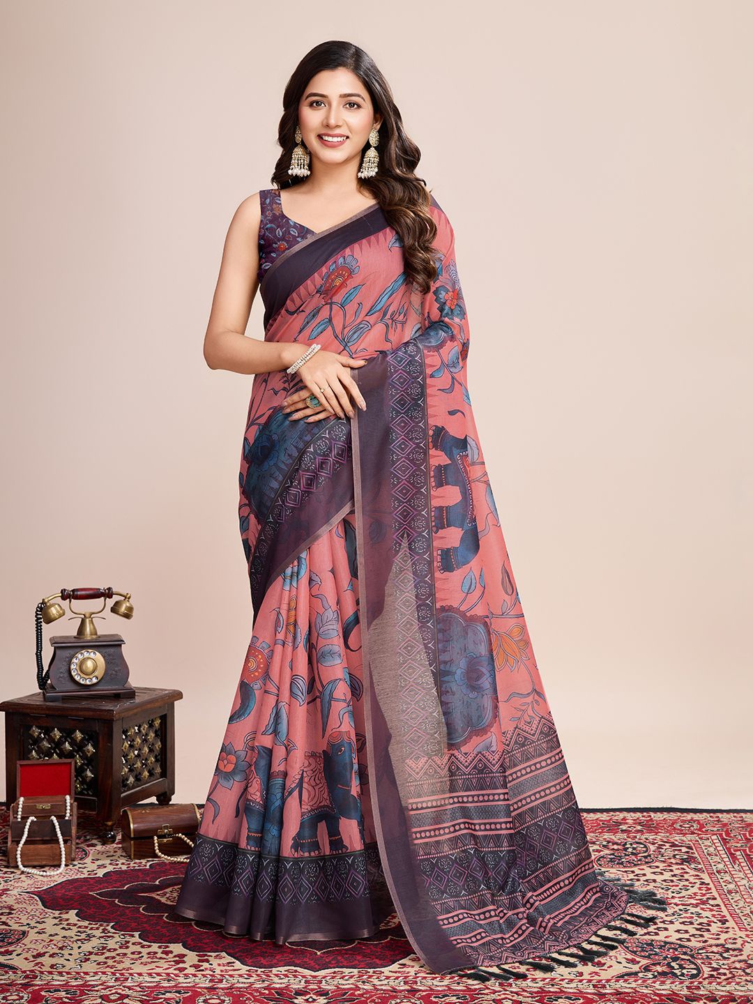

Mitera Floral Linen Blend Designer Jamdani Saree, Pink