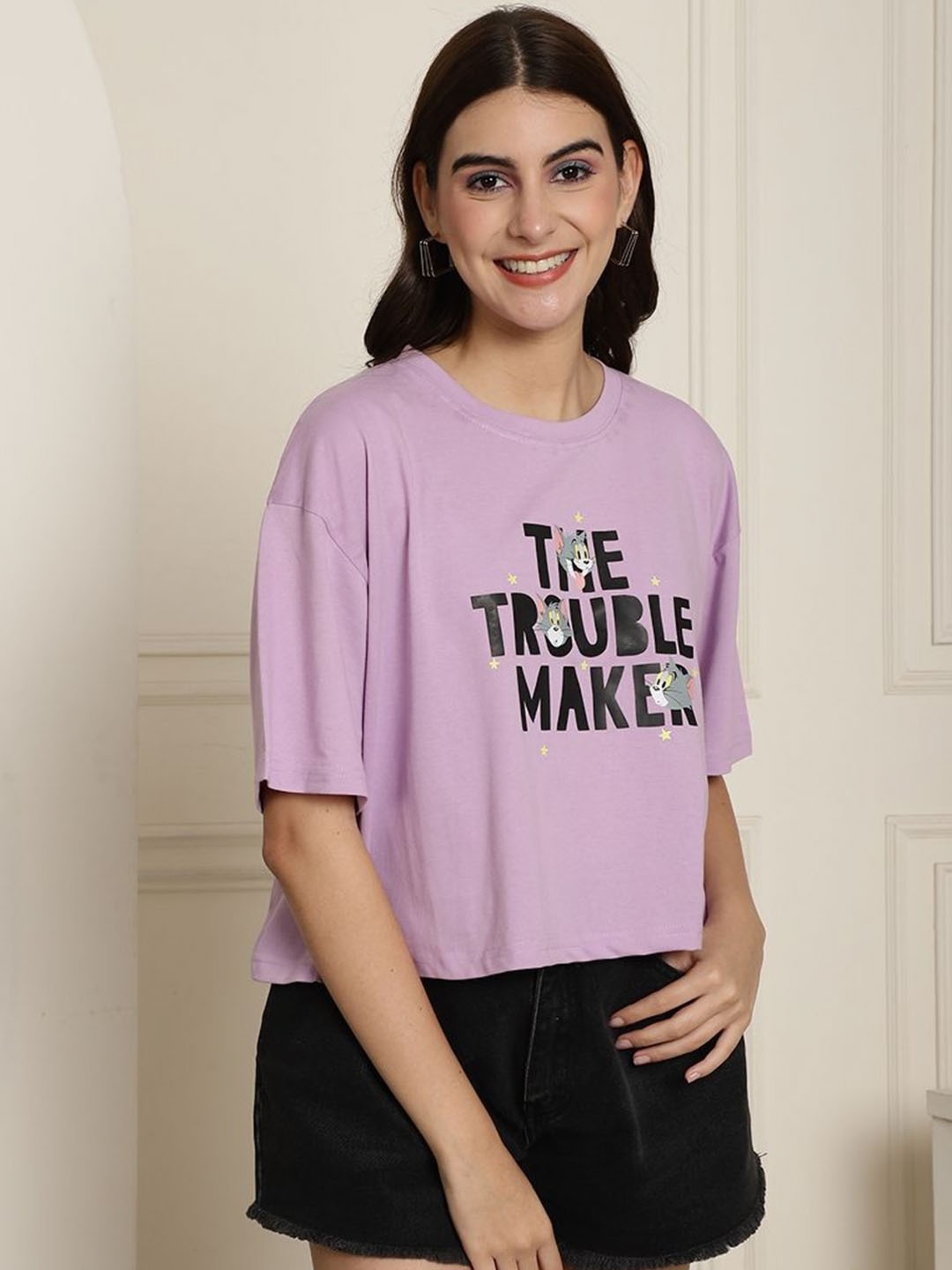 

Dreambe Women Tom & Jerry Typography Printed Round Neck Cotton Boxy T-shirt, Purple