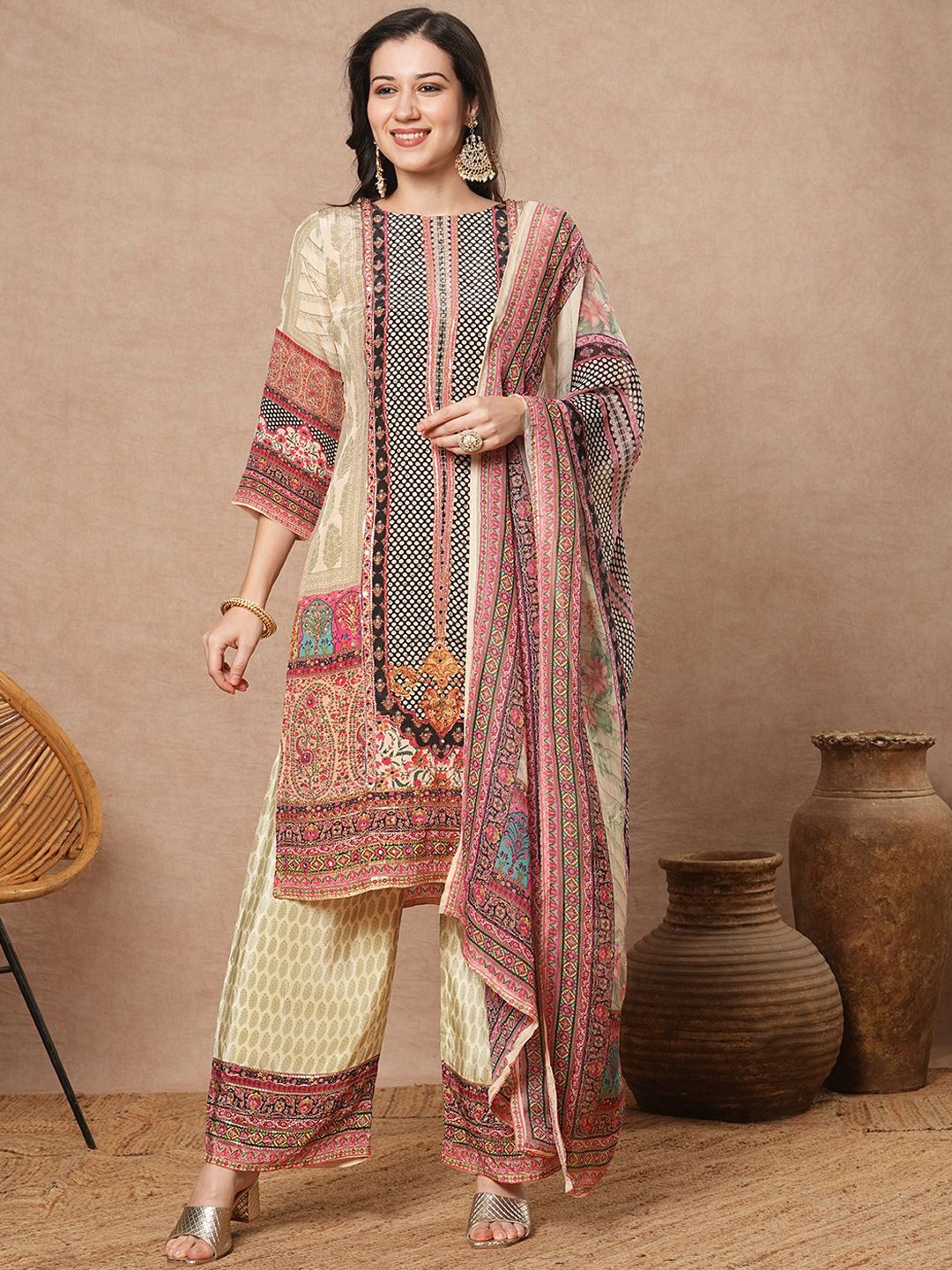 

FASHOR Floral Embroidered Round Neck Mirror Work Straight Kurta With Palazzos & Dupatta, Cream