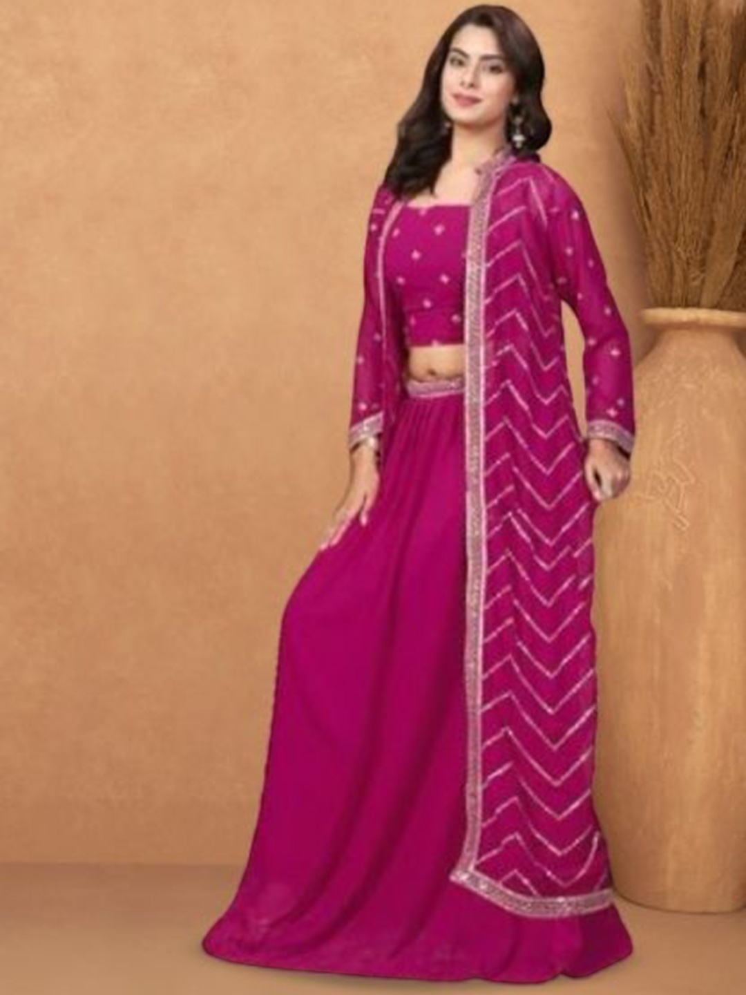 

PARROT CREATION Floral Embroidered Round Neck Crop Top With Skirt & Longline Shrug, Pink