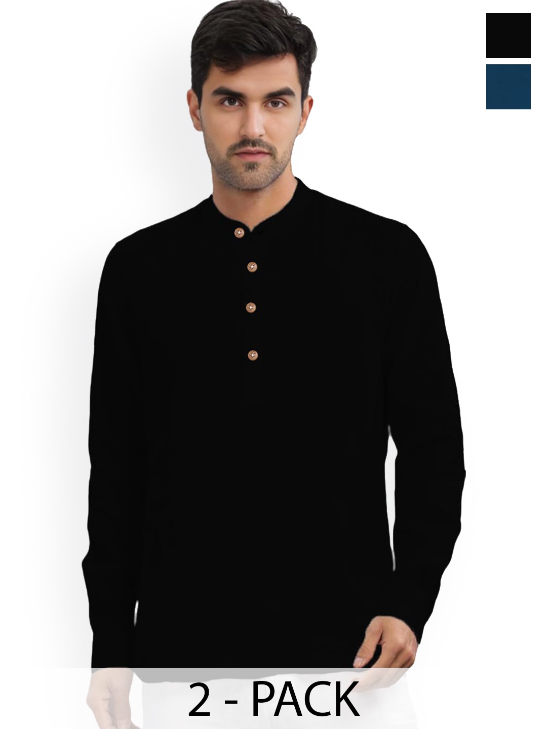 

Vida Loca Selection of 2 Band Collar Pure Cotton Short Kurta, Black