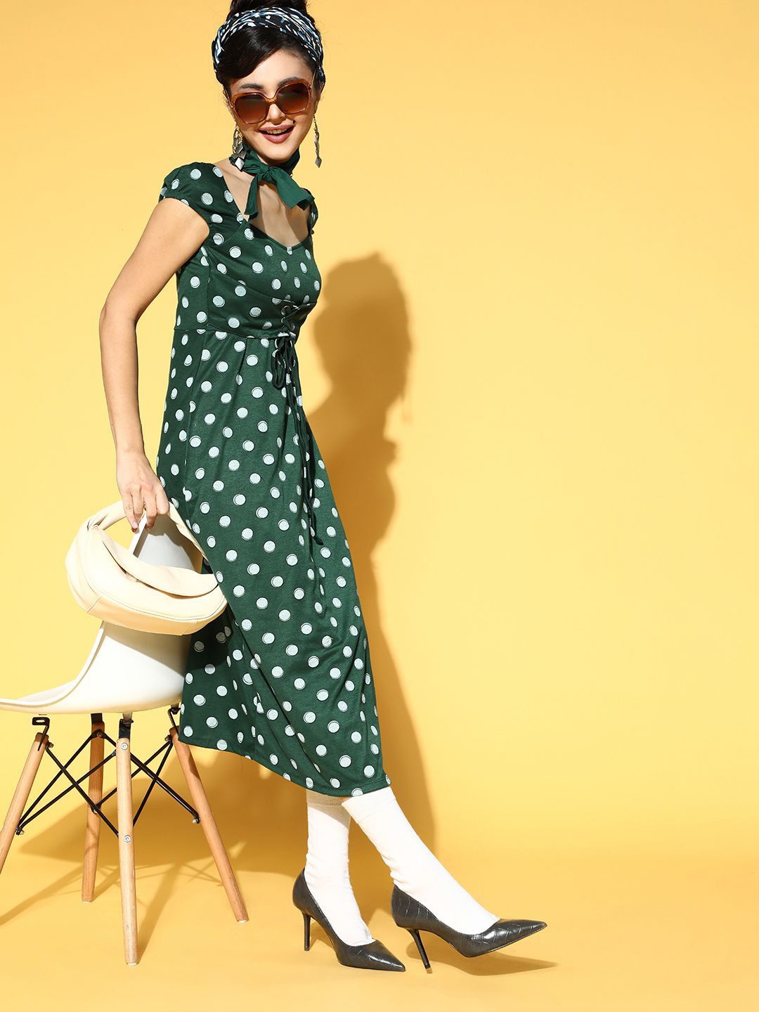 

DressBerry Polka Dot Print A-Line Midi Dress, Green