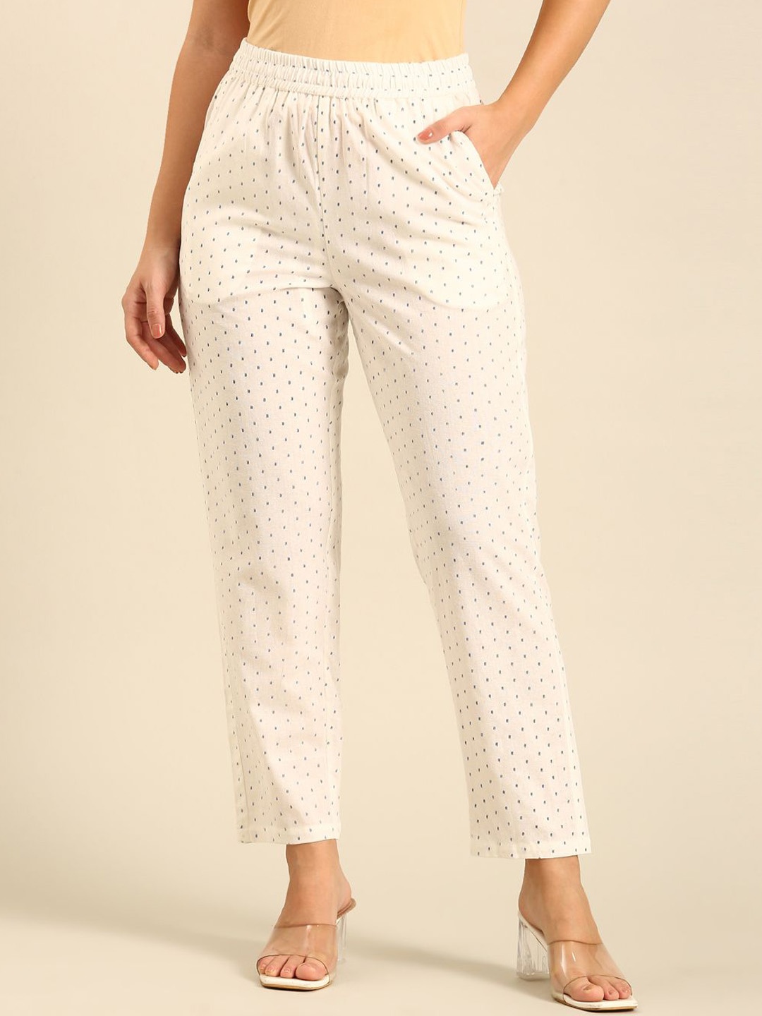 

De Moza Women Textured Printed Chinos Trousers, Off white