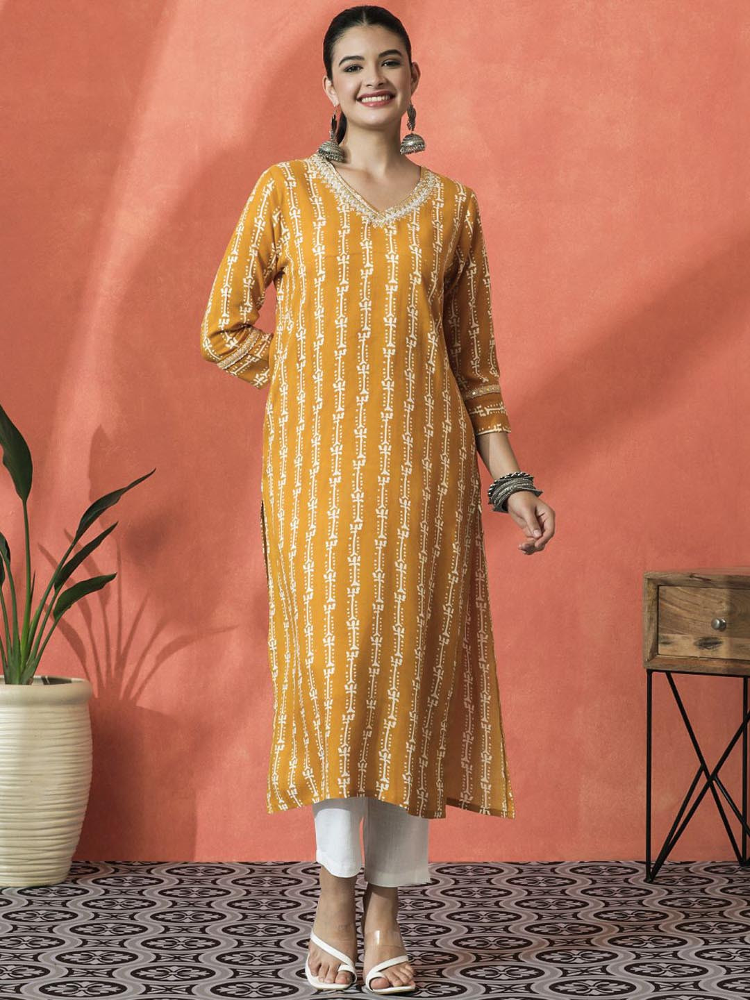 

Sangria Floral Printed V-Neck Mirror Work Straight Kurta, Mustard
