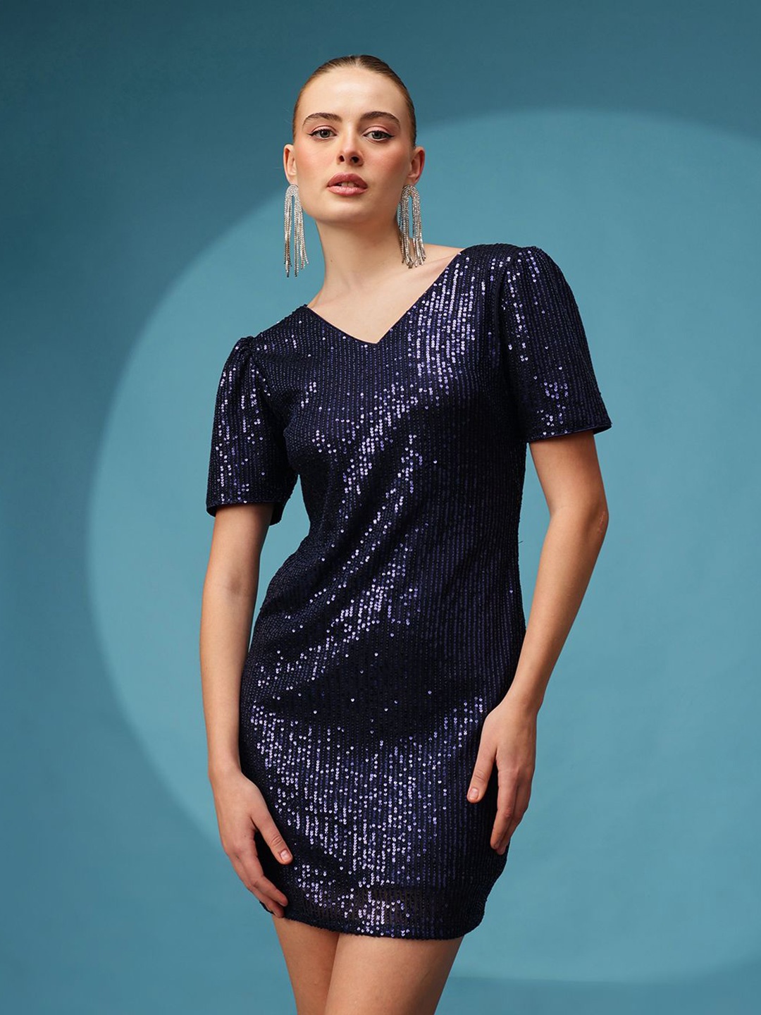 

Roadster Women Embellished V-Neck Short Sleeves Mini Drop-Waist Dress, Blue