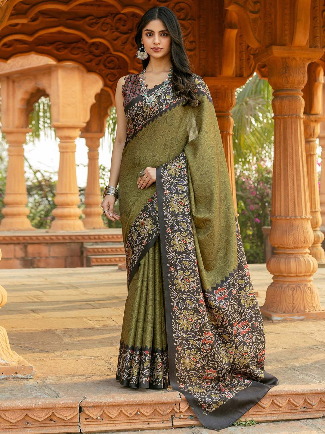 

Mitera Floral Silk Blend Pochampally Saree, Olive