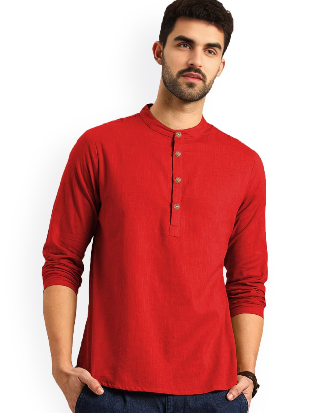 

Vida Loca Band Collar Pure Cotton Straight Short Kurta, Red