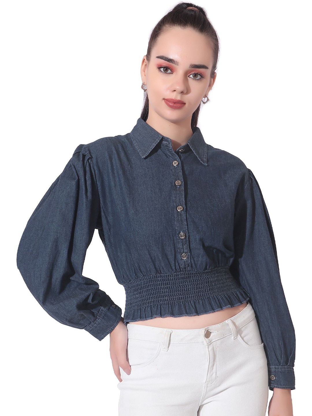 

CEFALU Roll-Up Sleeves Denim Shirt Style Crop Top, Navy blue