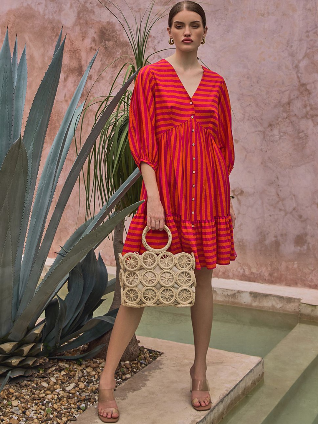 

HOUSE OF FETT Striped Kaftan Dress, Pink