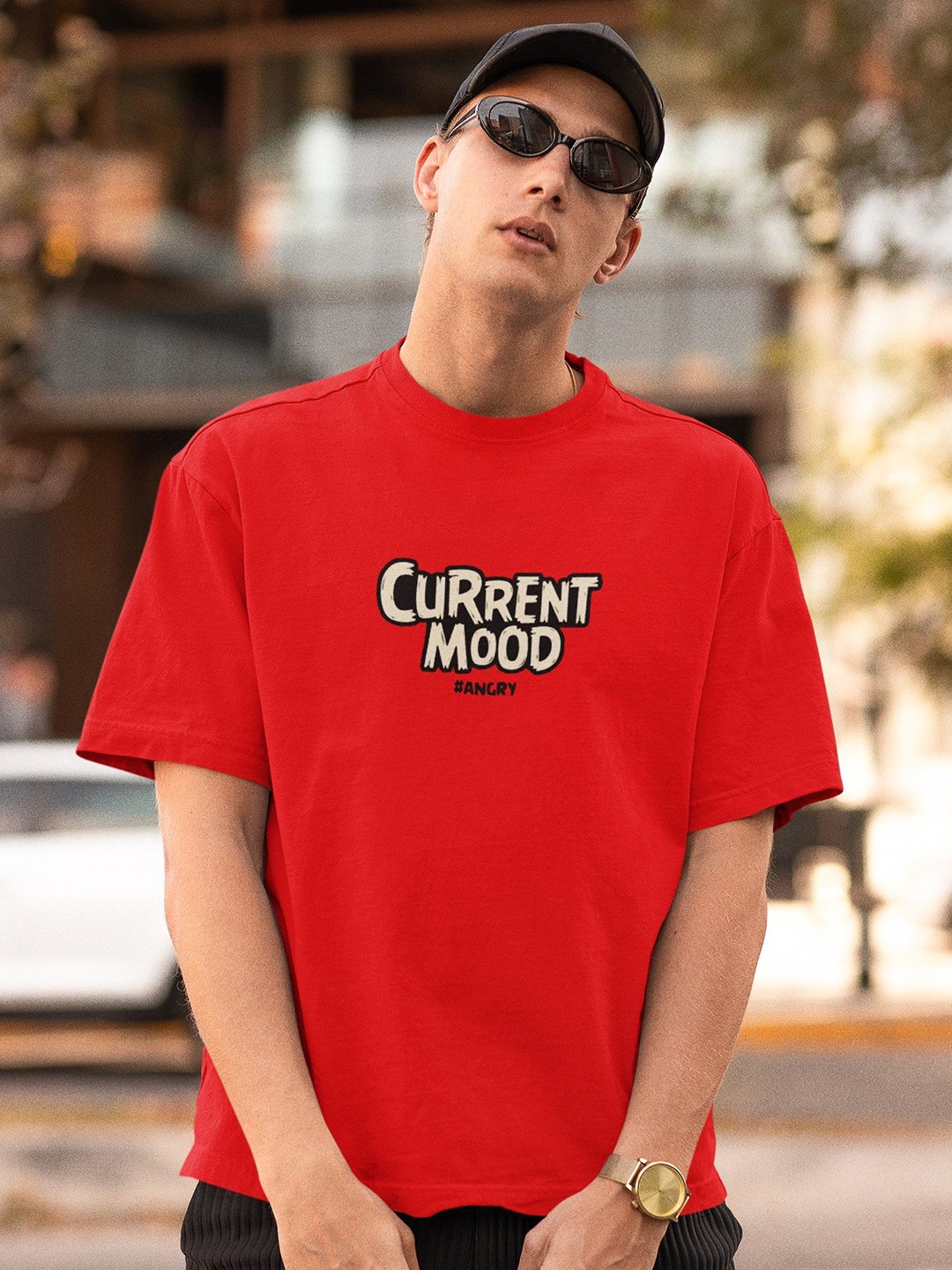 

TheBTclub Men Activchill Graphic Printed Round Neck Cotton Oversized T-shirt, Red