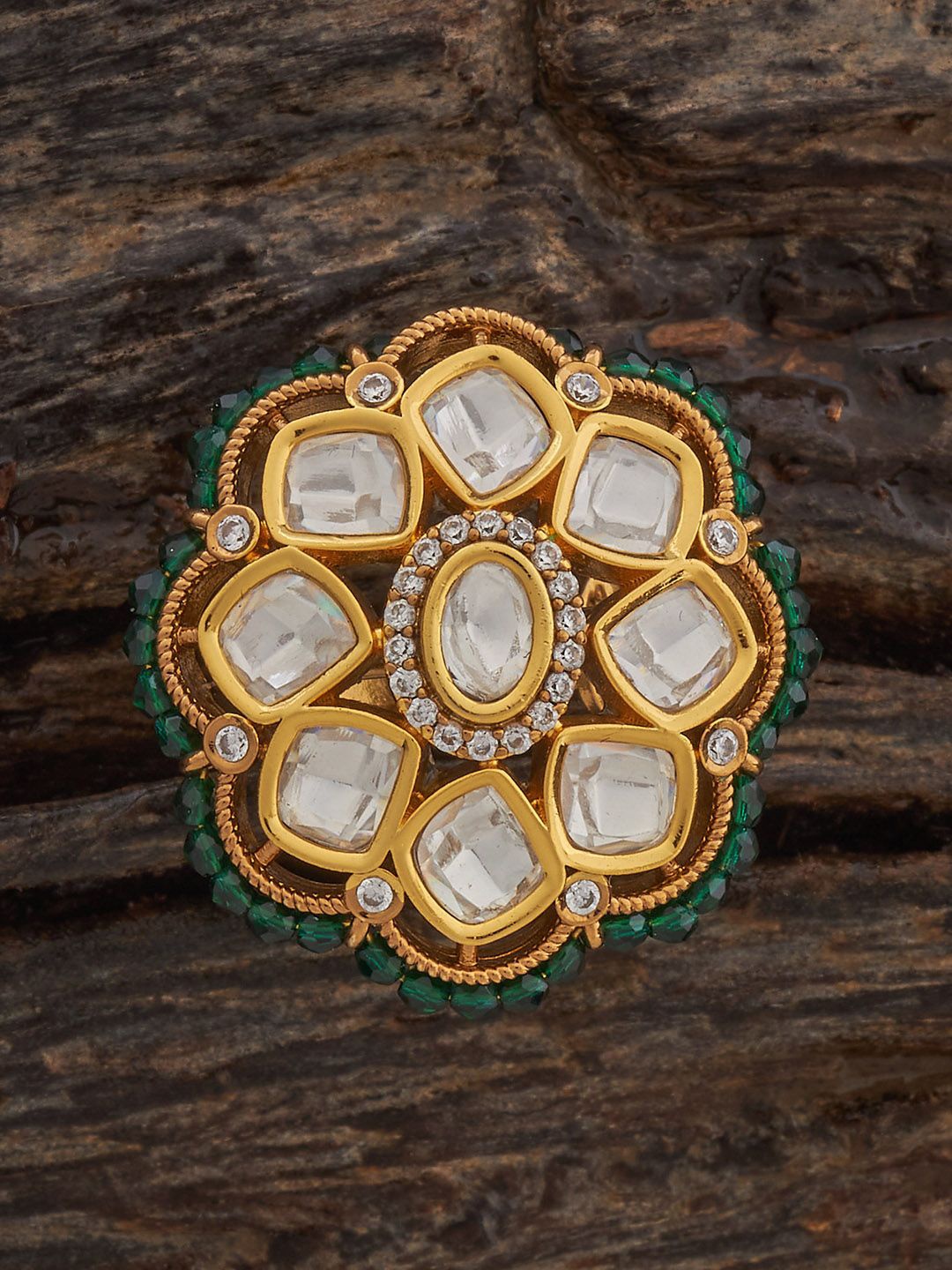 

Kushal's Fashion Jewellery Green Victorian-Plated Ethnic Kundan Finger Ring, Gold
