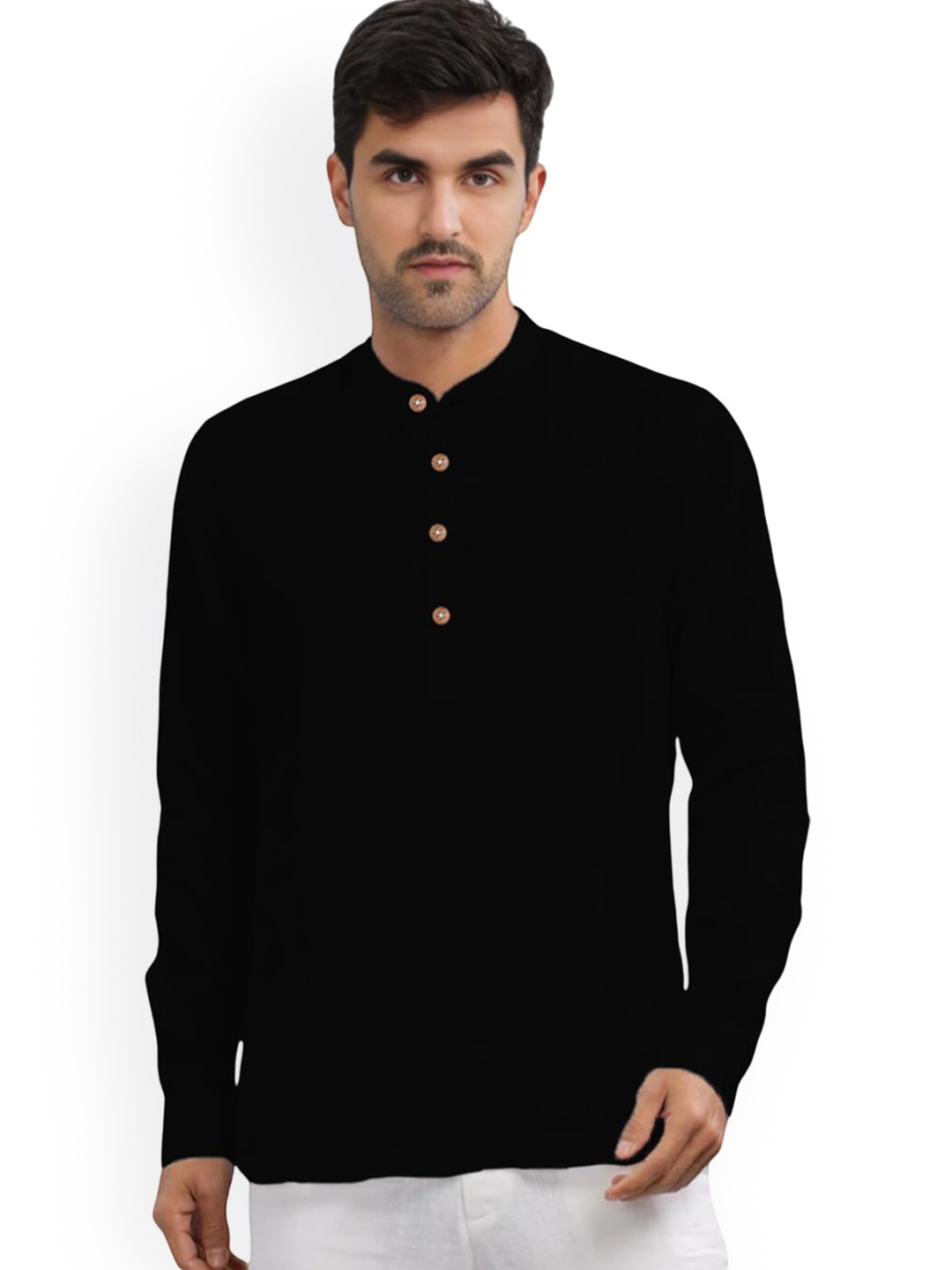 

Vida Loca Band Collar Roll-Up Sleeves Cotton Straight Short Kurta, Black