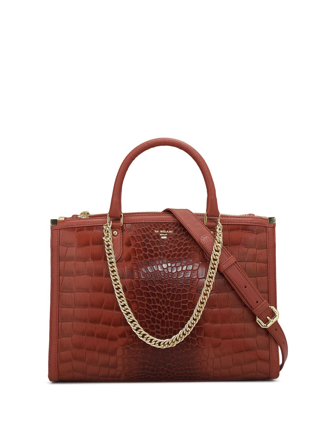 

Da Milano Textured Leather Structured Satchel with Quilted, Red