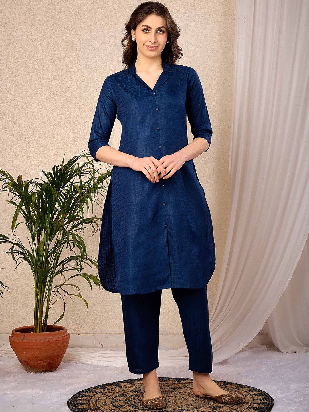 

Nayo Shirt Collar Top With Trousers Co-Ords, Blue