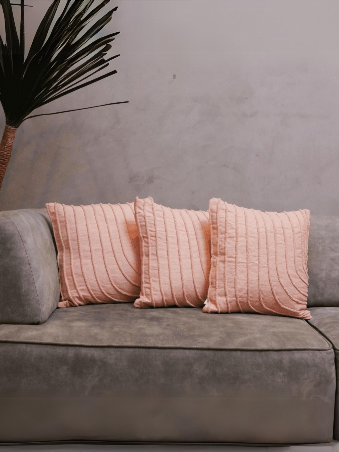 

LUSHLYF Tufted Collection Pink 3 Pieces Striped Embroidered Cotton Square Cushion Covers