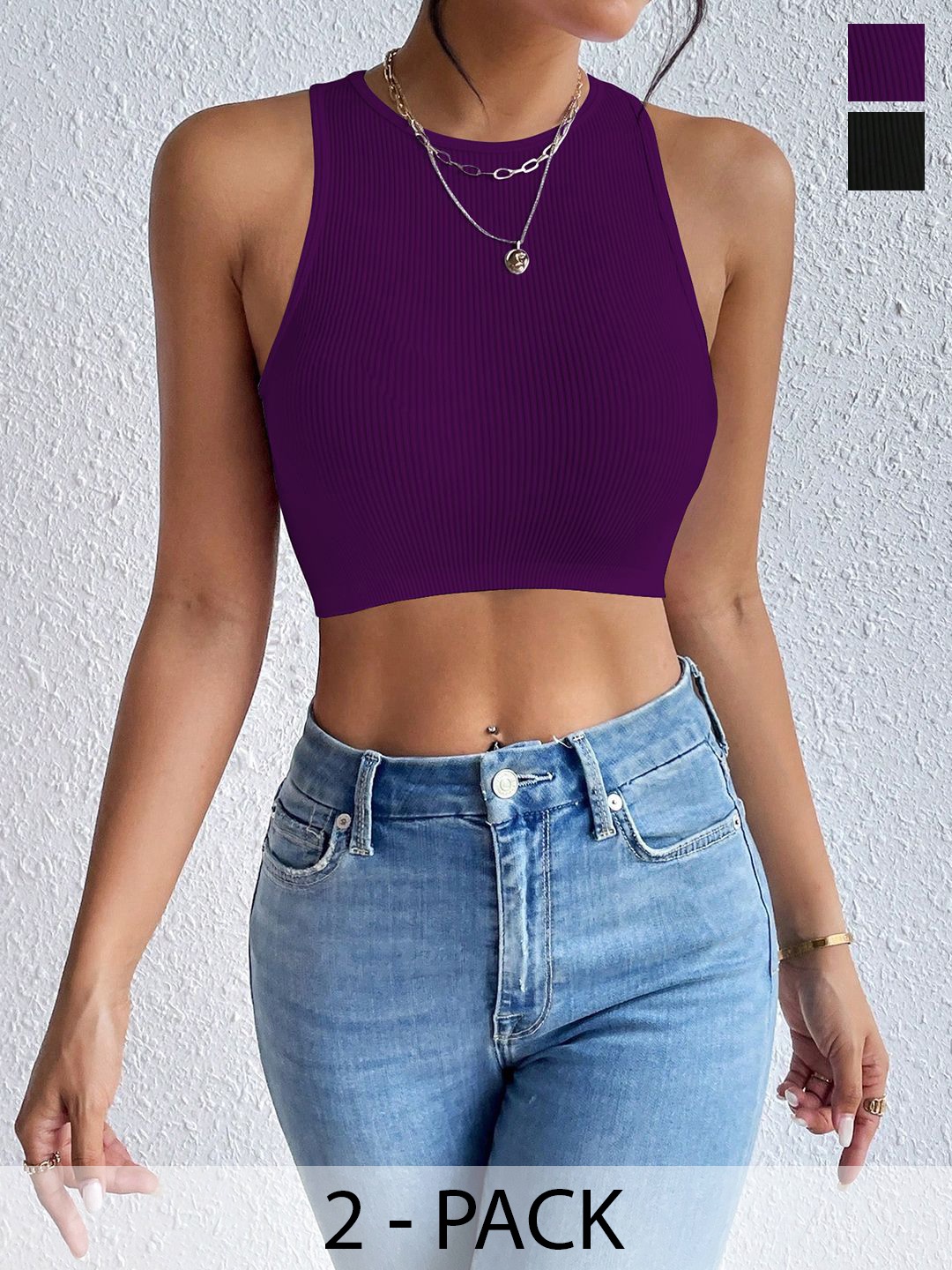 

KERI PERRY Women Pack Of 2 Sleeveless Fitted Crop Tops, Black
