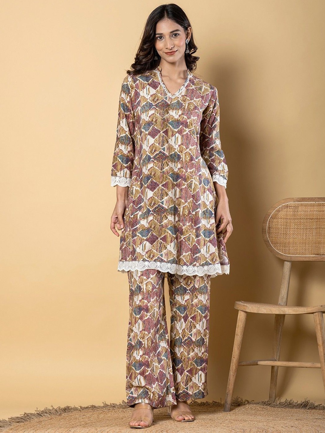 

Readiprint Printed Mandarin Collar Tunic With Palazzo, White