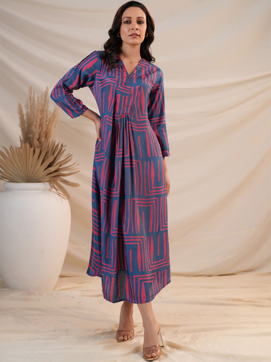 

JISORA Women'Blue Printed Russian Silk A-Line Dress