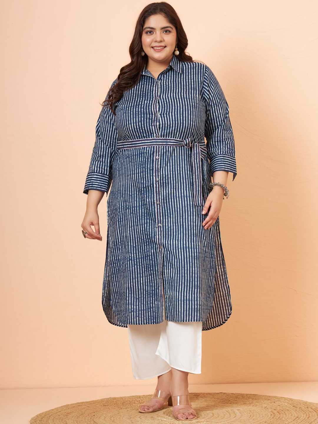 

Tissu Plus Size Striped Shirt Collar Pure Cotton Straight Kurta With Palazzos, Navy blue
