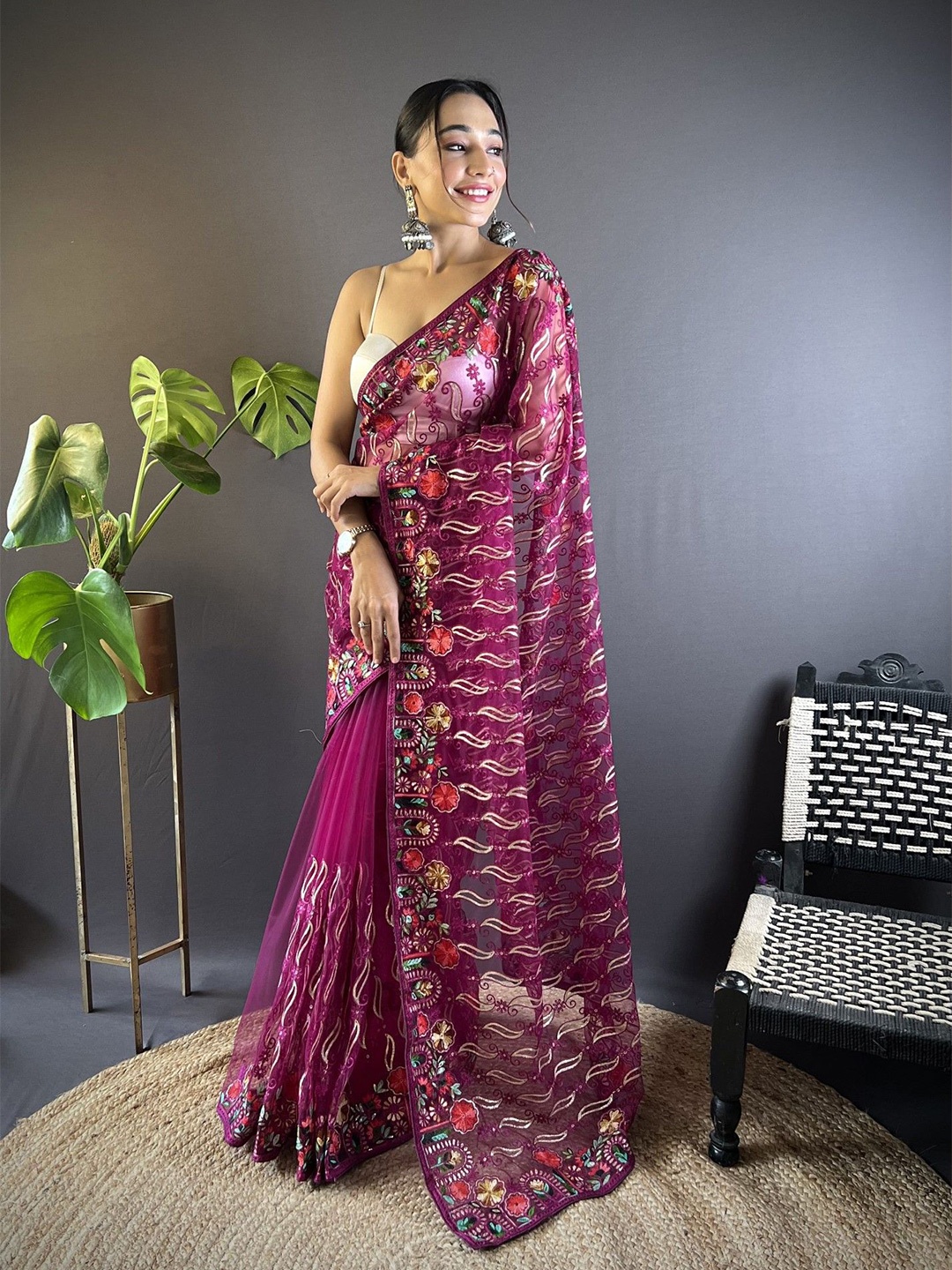 

Mitera Embellished Embroidered Net Saree, Purple