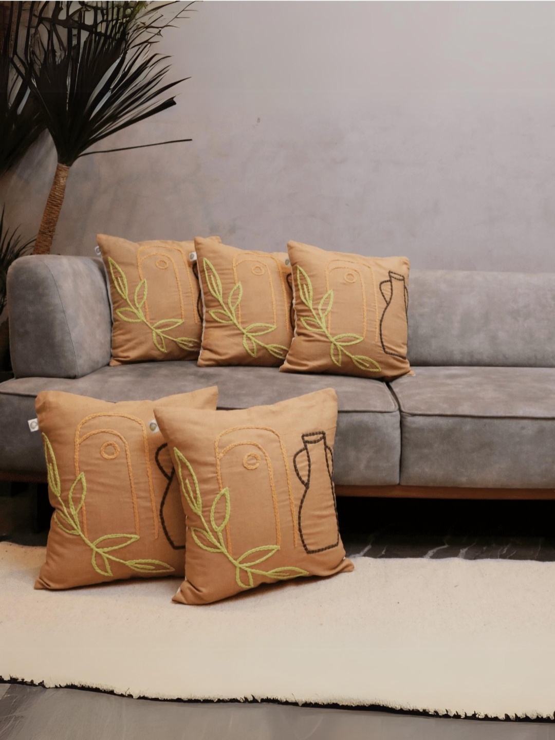 

LUSHLYF Beige & Green 5 Pieces Abstract Embroidered Cotton Square Cushion Covers