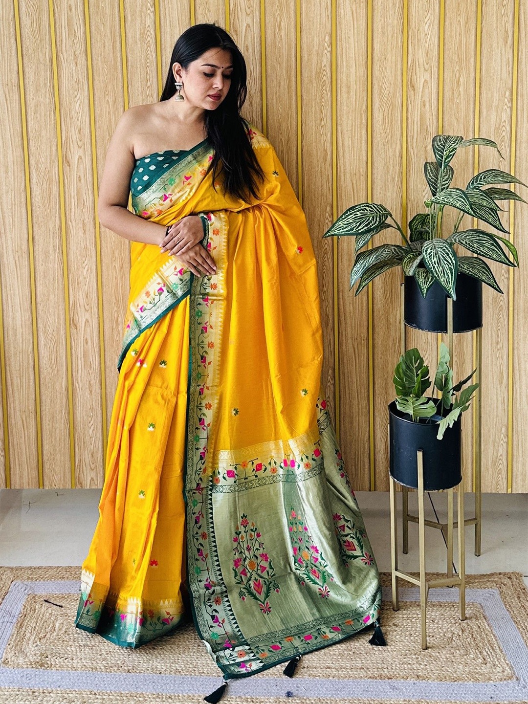 

Moda Rapido Woven Design Zari Silk Blend Paithani Saree, Yellow