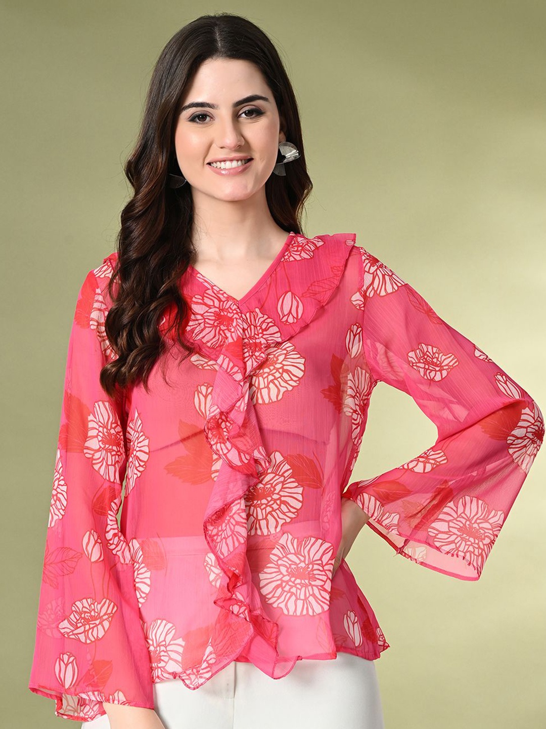 

KALINI Women Floral Printed Flared Sleeve Ruffles Georgette Semi Sheer Top, Pink