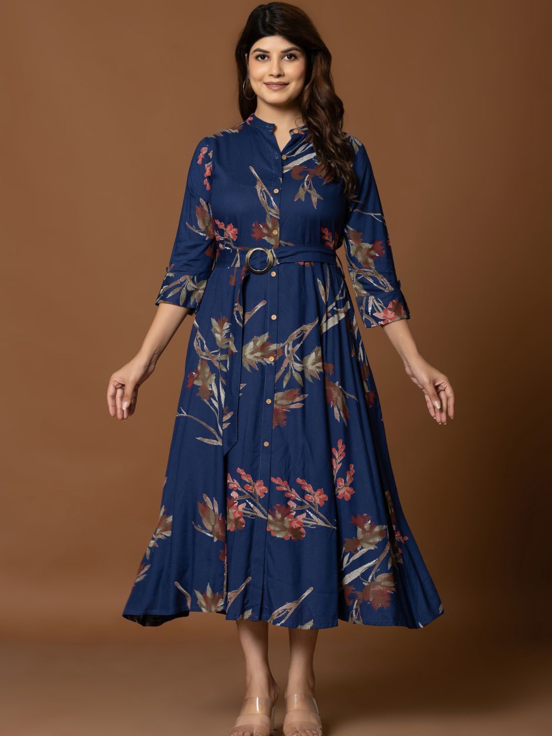 

ANUSHEET Print Fit & Flare Midi Dress, Navy blue