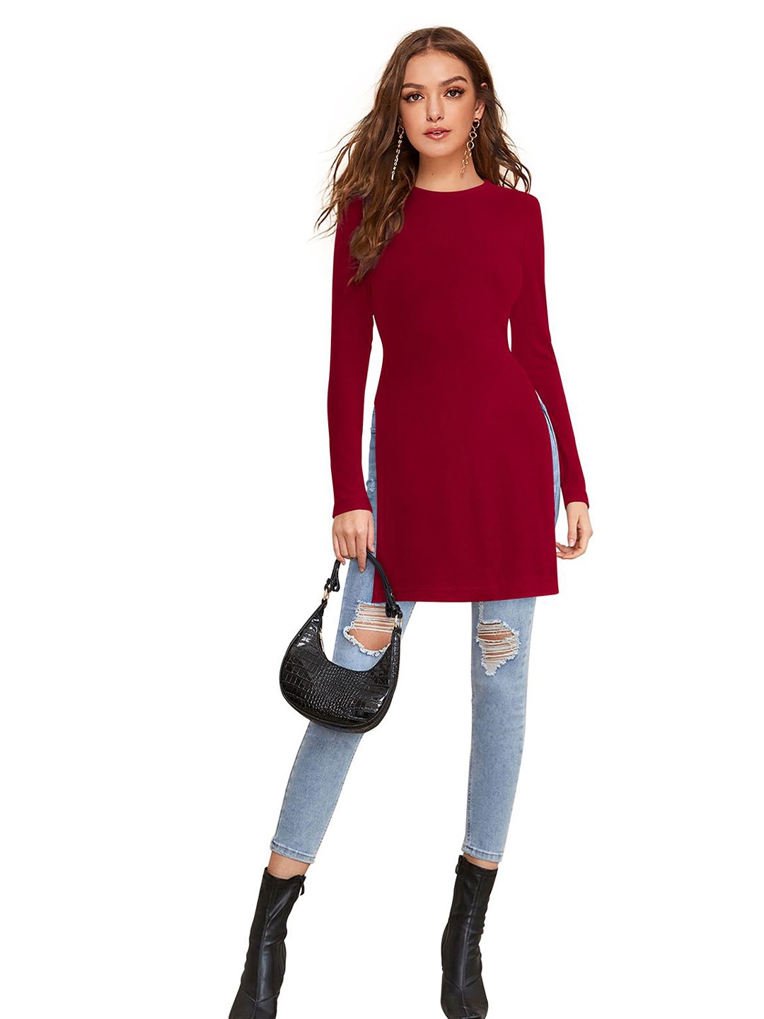 

SHOPONBIT Women Round Neck Long Sleeves Longline Top, Maroon